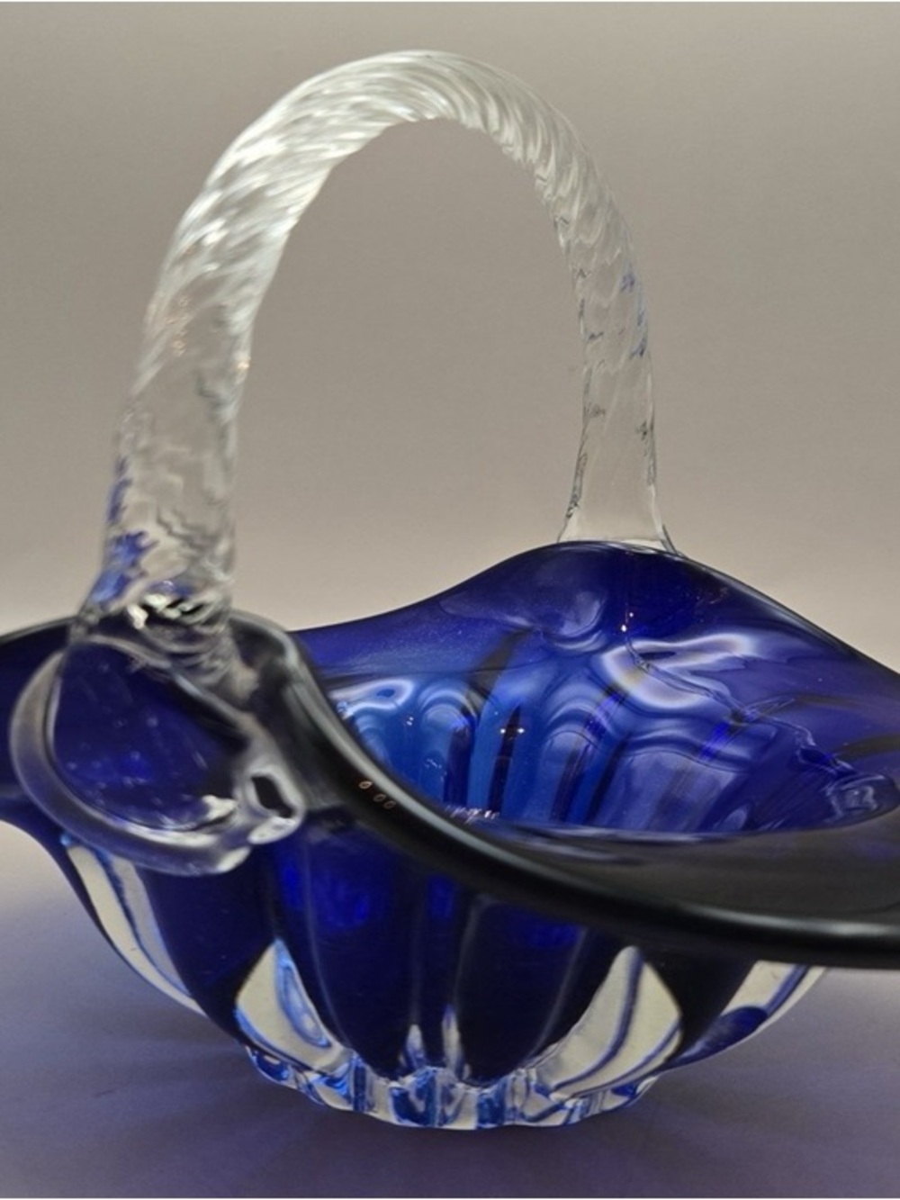 Cobalt Blue Glass Basket with Twisted Clear Handle